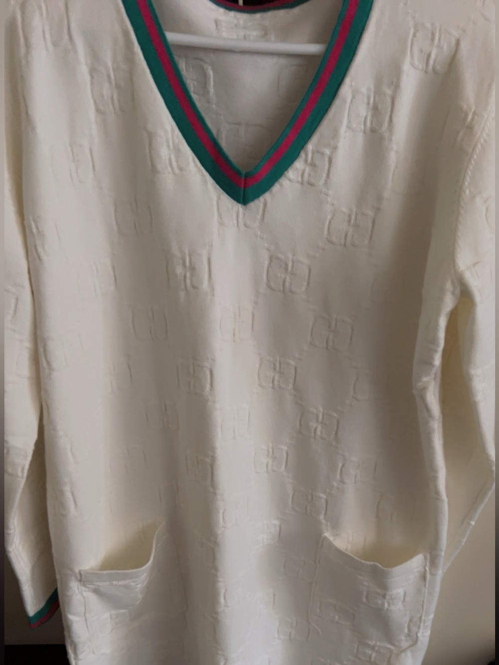 Cream V-Neck Sweater dress with Green and Red Trim